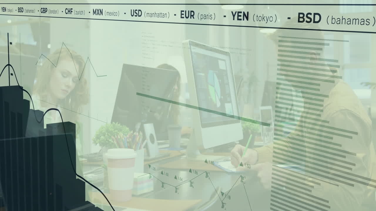 Financial data and currency exchange rates animation over people working at office