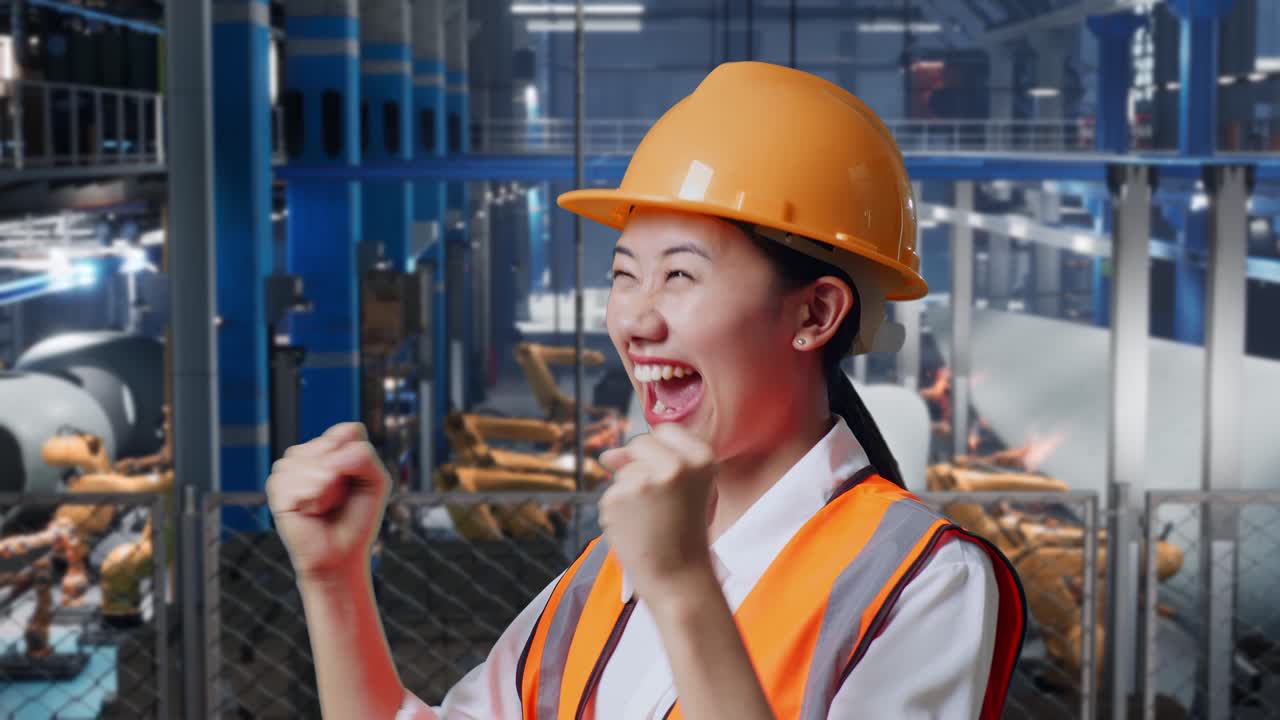 안전 헬을 착용한 아시아 여성 엔지니어의 가까운 측면 뷰. 풍력 터빈 제조 공장에서 일하는 것을 축하하는 목표를 서서 비명을 지르고 있습니다.