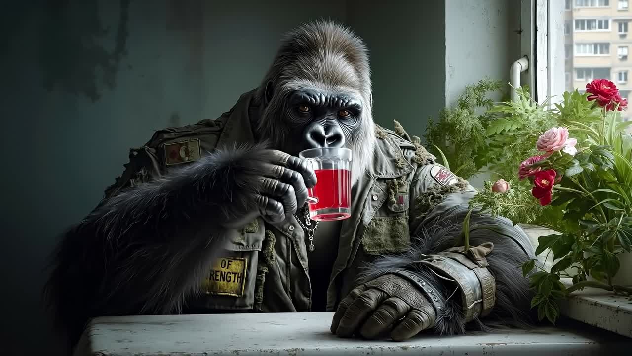 A gorilla sitting at a table with a glass of juice
