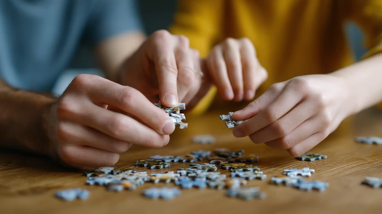 Engaging in a Creative Puzzle Solving Activity Together, Demonstrating Collaboration and Focus While Arranging Interlocking Pieces on a Wooden Table