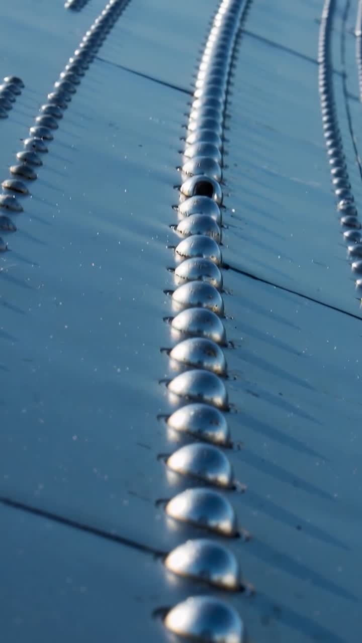Vertical video: Pulling back camera showing rivet row on metal panel to expose recessed fastener