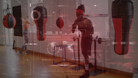 animation of data processing over man boxing in gym