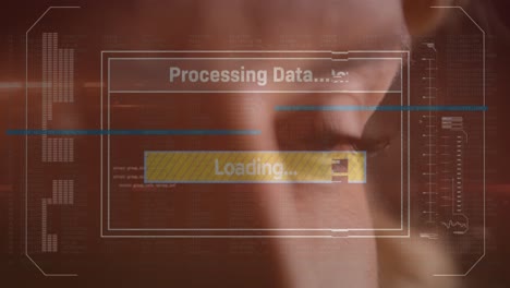 animación de pantalla digital con procesamiento de datos sobre el ojo de una mujer caucásica