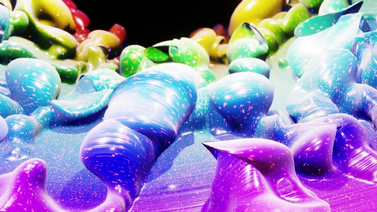 Animazione astratta fluida di colore sfumato liquido arcobaleno in 4K. Superficie di vernice lucida e brillante come sfondo festivo astratto in loop. Scintillii su liquido viscoso con schizzi 3D sulla superficie come gocce.