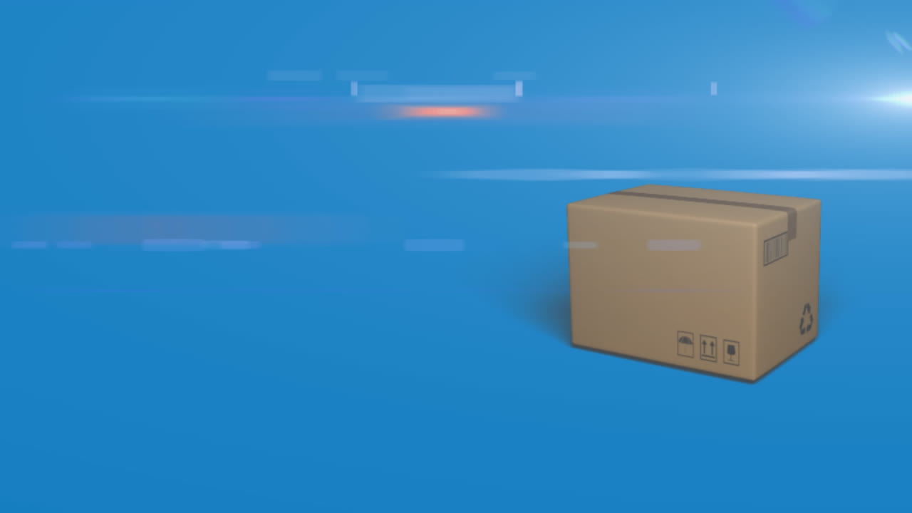 파란색 배경에 반 ⁇ 이는 빛의 트레일과 함께 바닥에 떨어지는 카드보드 상자의 애니메이션