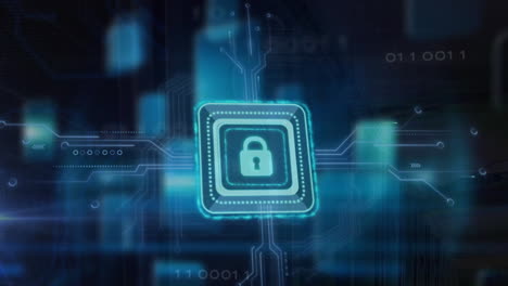 animation of padlock icon and digital data processing over computer circuit board