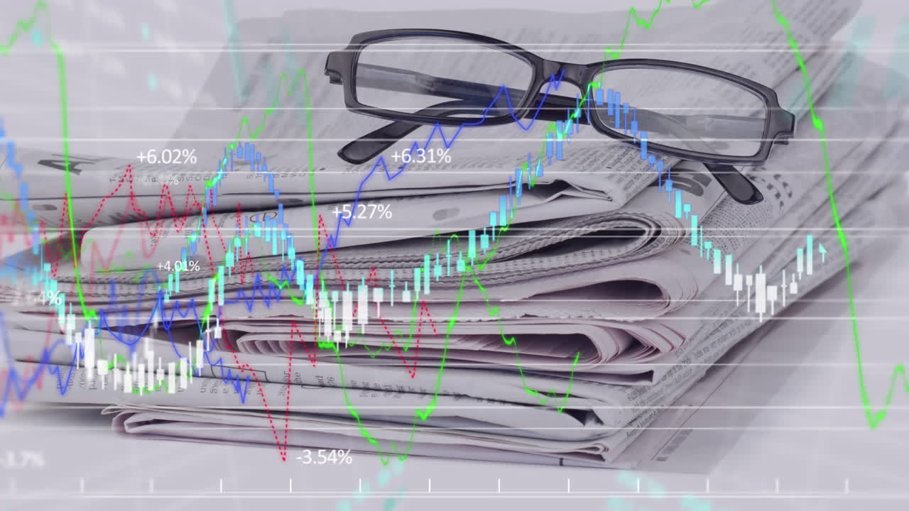 Animazione di elaborazione di statistiche e dati finanziari su occhiali e giornale