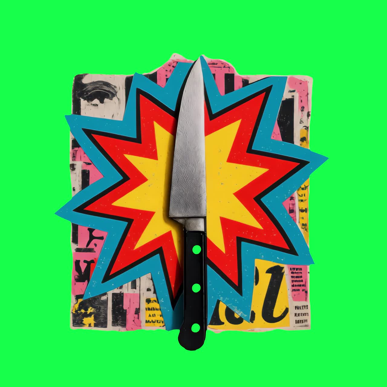 Animazione vivace e pop di coltello da cucina, video 4K trasparente, green screen