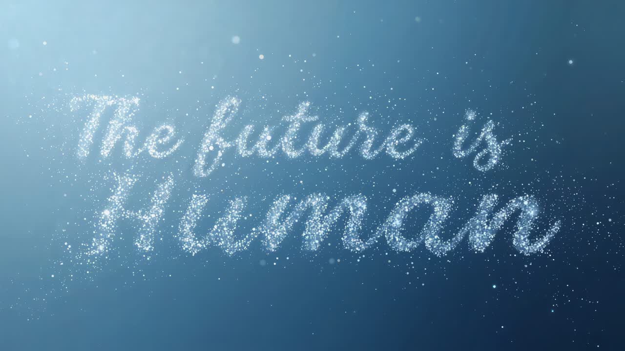 Flare sparking particles clustering, forming cursive reading future human on deep blue gradient