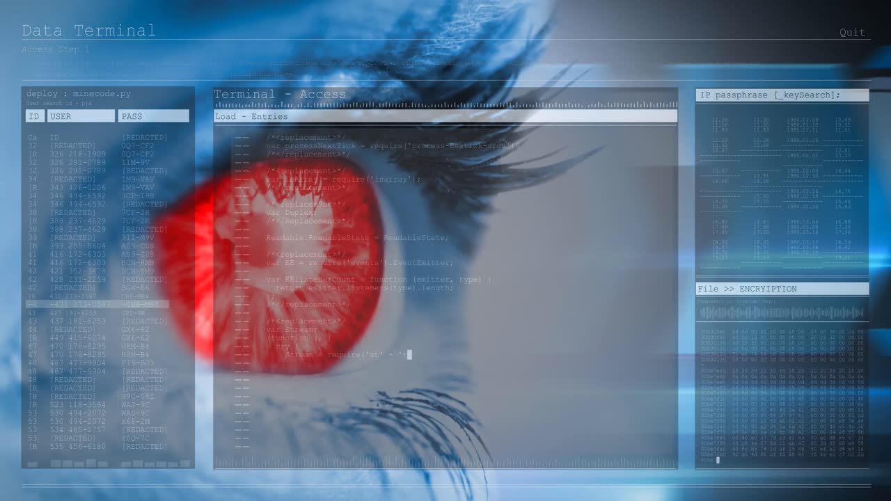 Animation of woman's red eye with interface and fast scrolling digital information