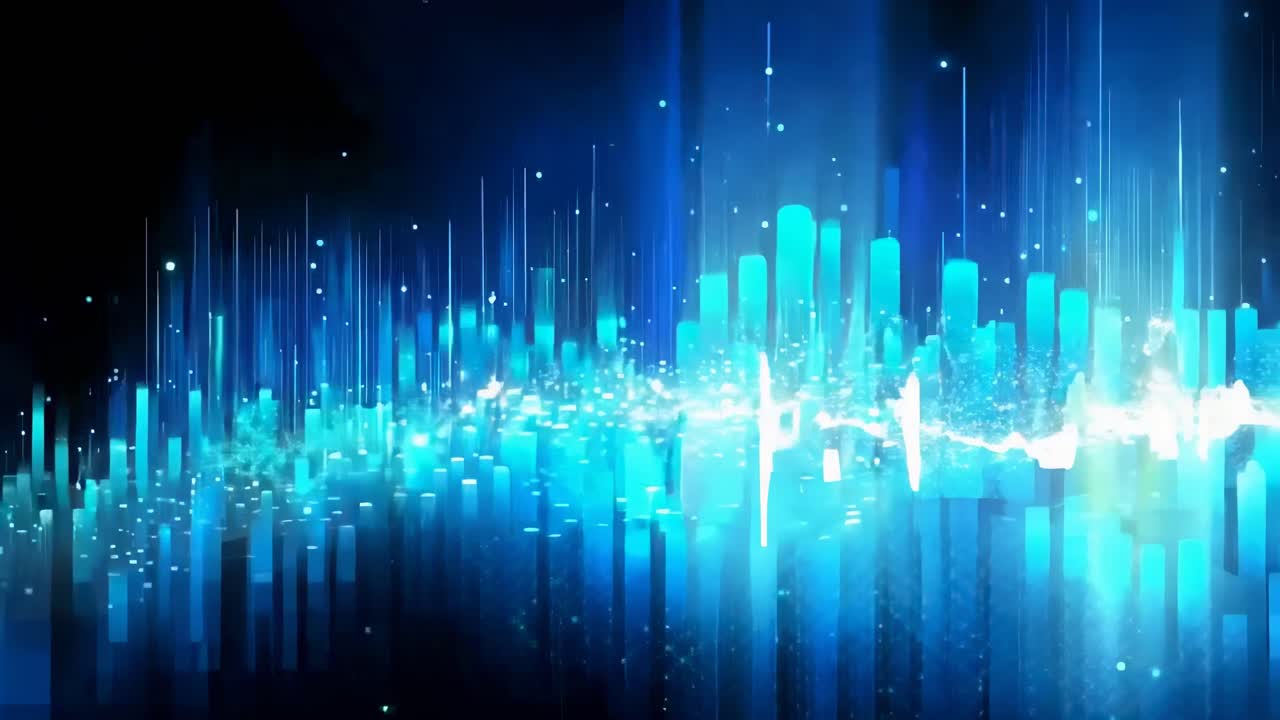 Abstract digital landscape with glowing blue bars, resembling a futuristic cityscape