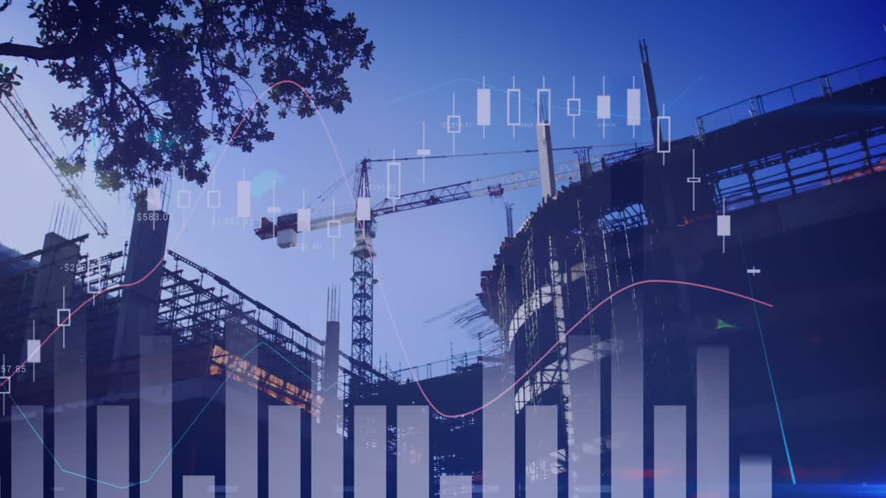 Animation d’une bannière de texte « good vibes » et traitement de données statistiques sur fond de chantier