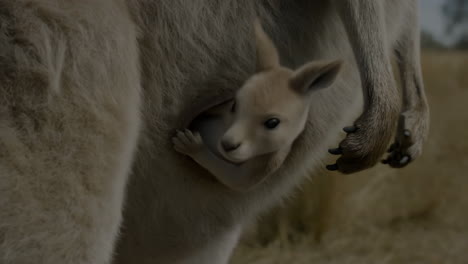 close-up of a baby kangaroo (joey) in its mother's pouch