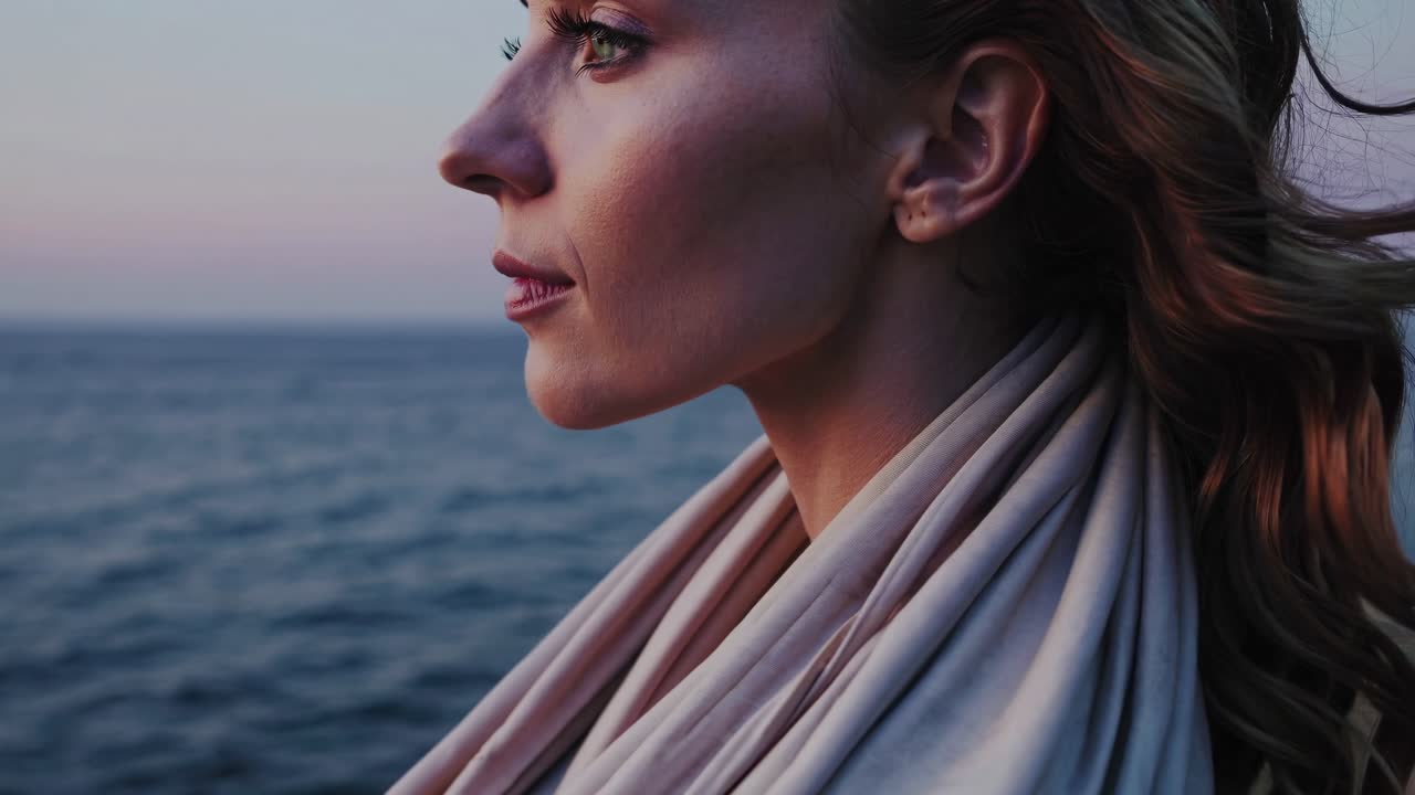 Profilo di una donna che guarda l'oceano al tramonto, ripreso in uno stile video cinematografico.