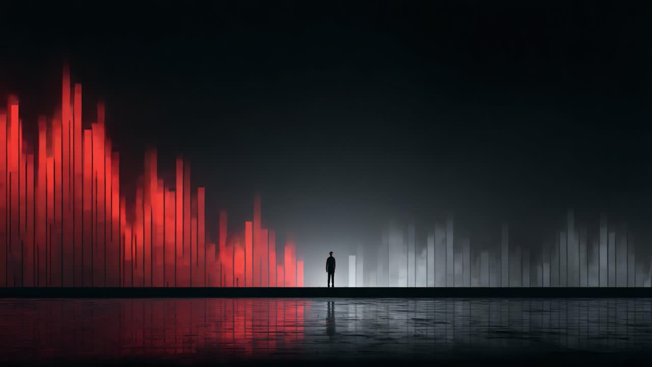 A Pensive Figure Stands Before a Dramatic Visualization of Market Trends Depicted by Red and White Bars in a Dark, Reflective Environment