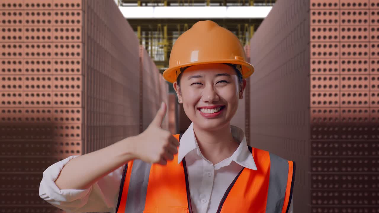 Close Up Of Asian Female Engineer With Safety Helmet Smiling And Showing Thumbs Up Gesture To The Camera While Standing With Red Brick Packed in Stacks Are Stored