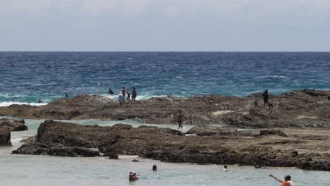 people enjoying dynamic waves at a rocky beach