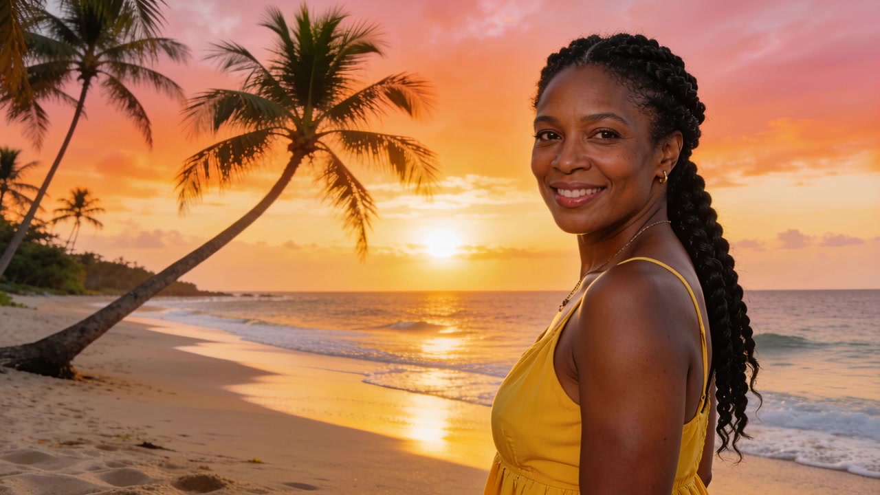 Donna sorridente che si volta verso la fotocamera sulla spiaggia con palme al tramonto, vestito giallo, spazio per il testo.