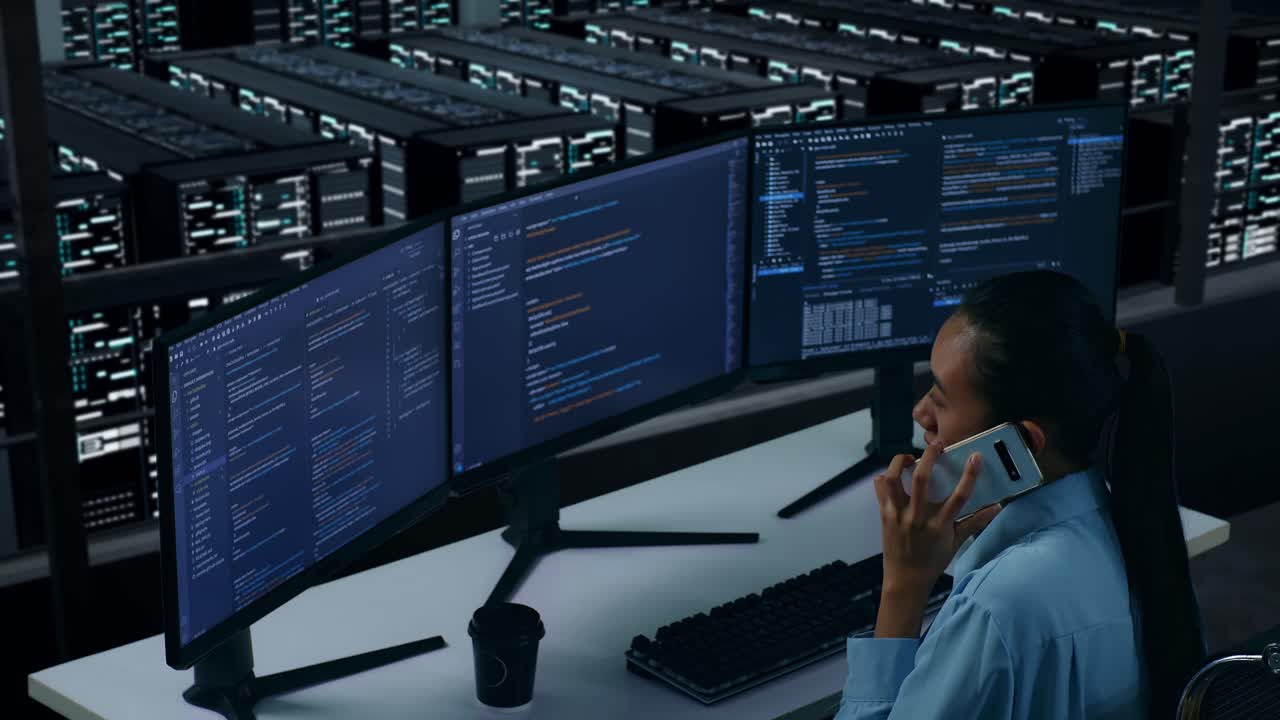 Side View Of Asian Woman Developer Talking On Mobile Phone While Write Code With Multiple Computer Screens In Data Center