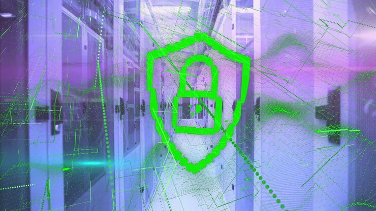 Animation of padlock with abstract lines moving over data server systems