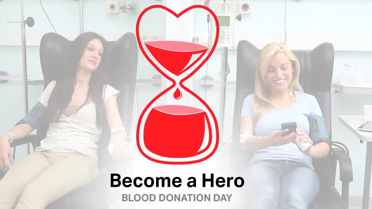 심장 모양의 애니메이션 혈액 봉투와 웃는 백인 여성 환자에 대한 영웅 텍스트가됩니다.