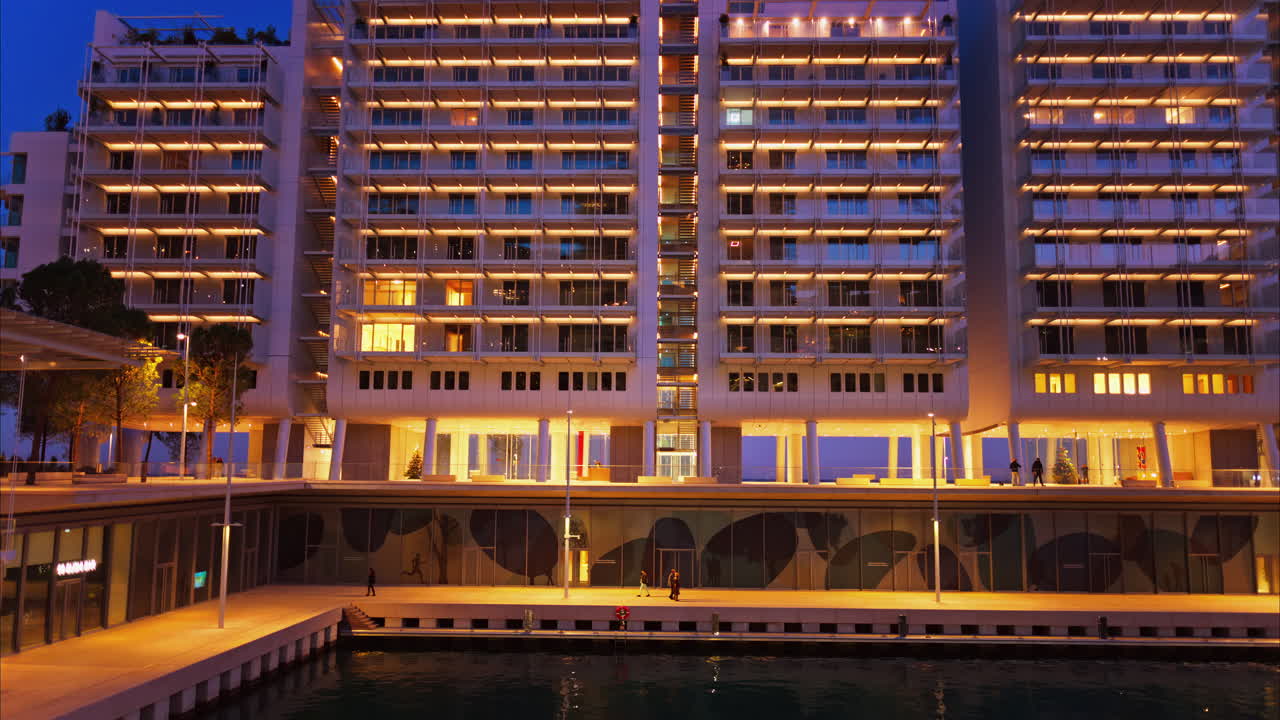 Buildings in Mareterra new Residential district in Monaco in the evening