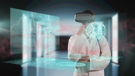 red digital wave and screens with medical data processing against male doctor wearing vr headset