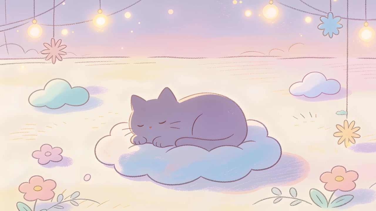 Pulling back camera showing lavender cat sleeping on cloud cushion at dusk, string lights sparkling