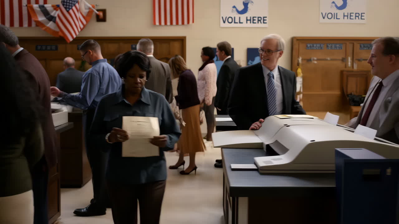 People Voting at a Polling Station with American Flags