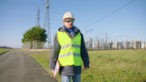 Slow-motion-handheld-footage-of-workman-leaving-substation-location