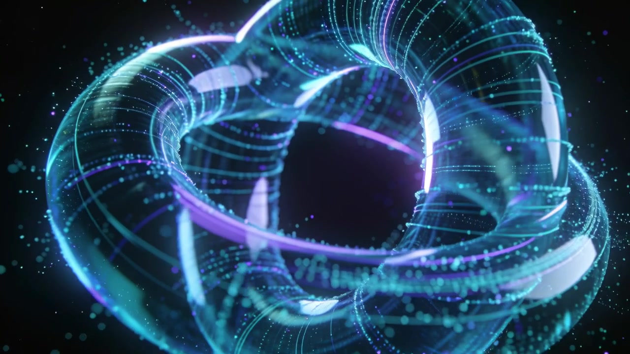 Playing twisted torus rotating and morphing in black void, revealing surface detail and particles