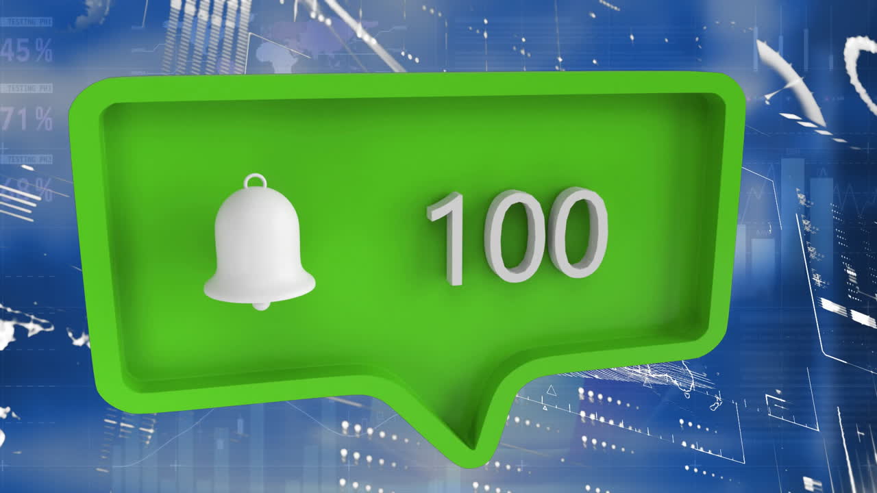 녹색 음성 버블에 종 아이콘과 숫자의 애니메이션 및 데이터 처리