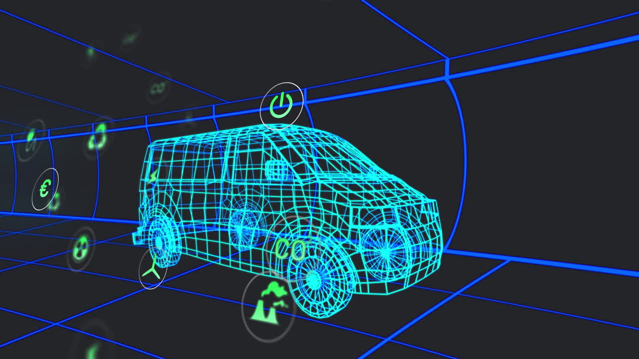 터널에서 원활한 패턴으로 움직이는 3d 밴 모델 위의 여러 디지털 아이콘의 애니메이션
