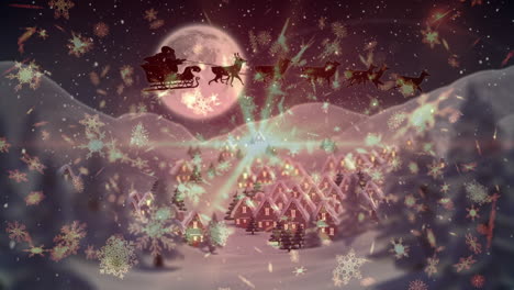 animation of winter scenery with houses and santa claus in sleigh