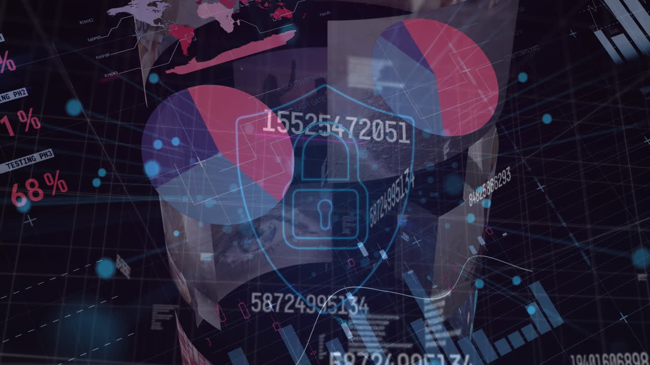 animación de la interfaz de hud giratoria, gráficos, base de datos y candado en escudo sobre un fondo abstracto
