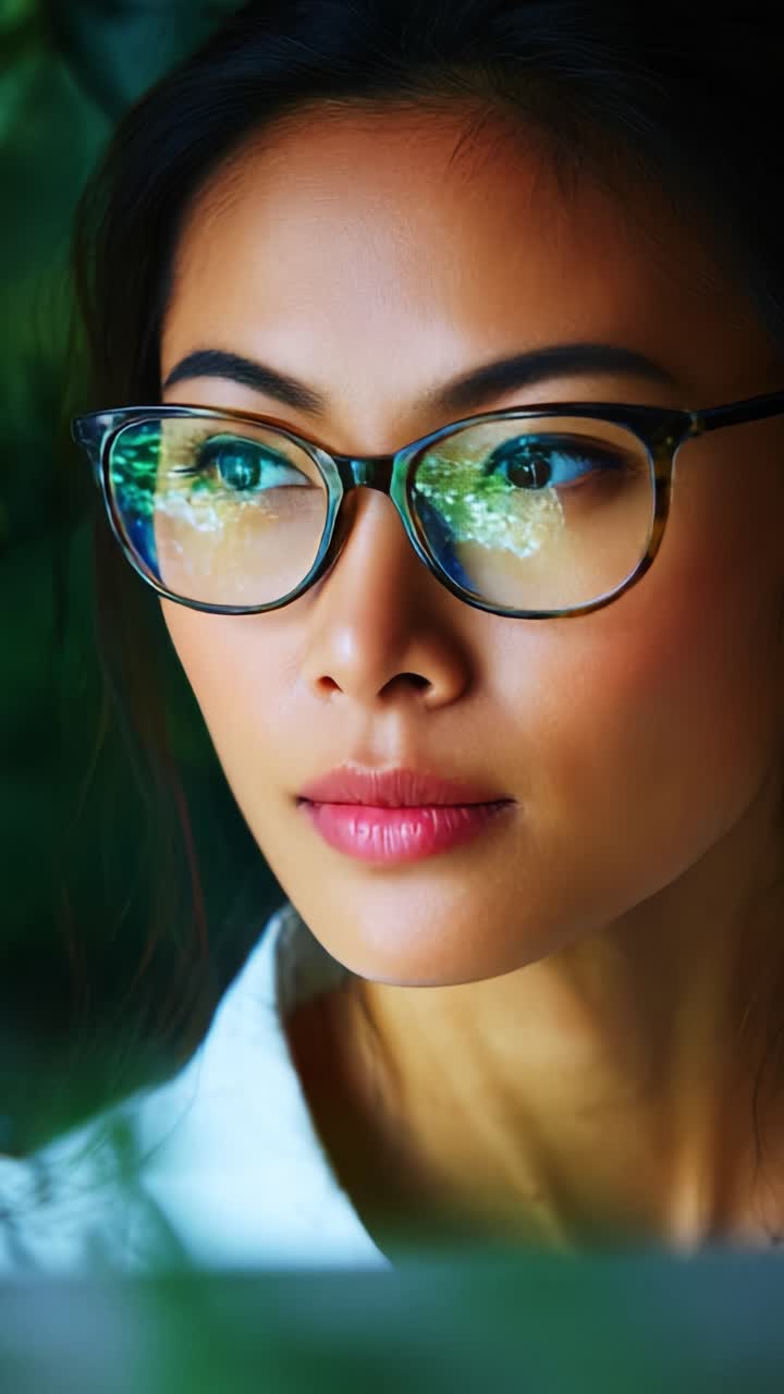 A Close-Up Portrait of a Thoughtful Woman with Glasses, Capturing Reflections of Nature and Evoking a Sense of Calmness and Reflection in Her Expressive Gaze