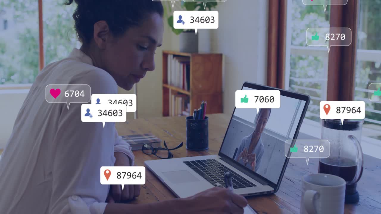 Woman calling and taking notes while social icons expanding then fading for remote learning