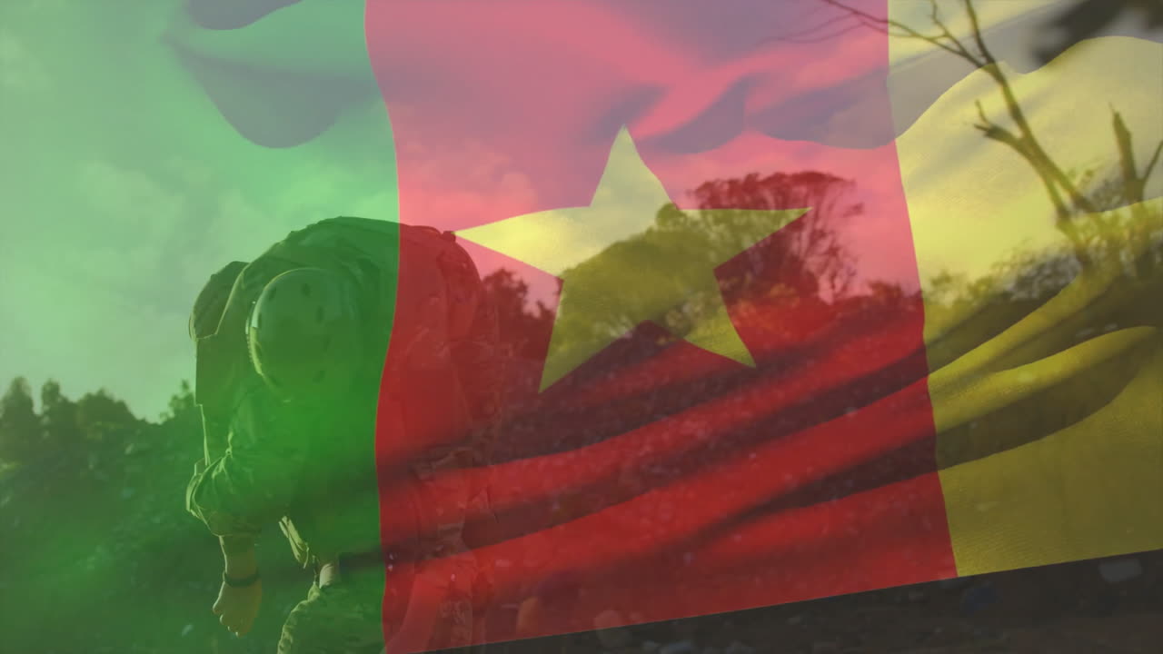 Soldiers with Cameroon flag animation, standing outdoors in silhouette formation