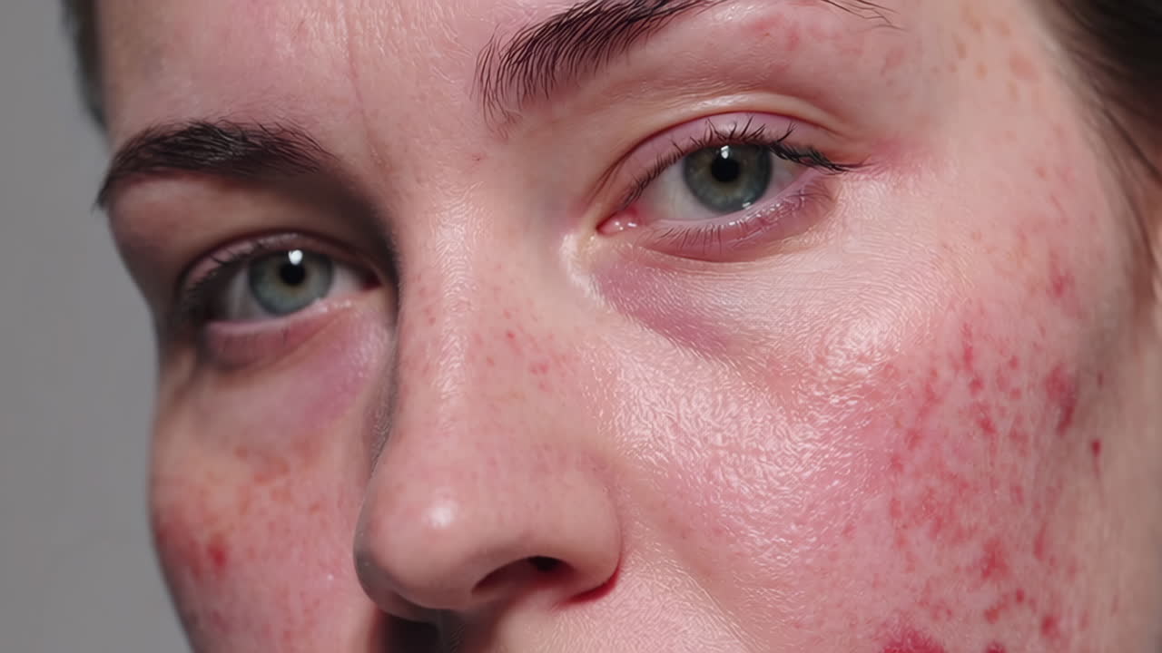 Close-up of a person's face with red, irritated skin and acne
