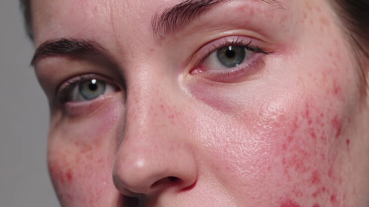 Close-up of a person's face with red, irritated skin and acne