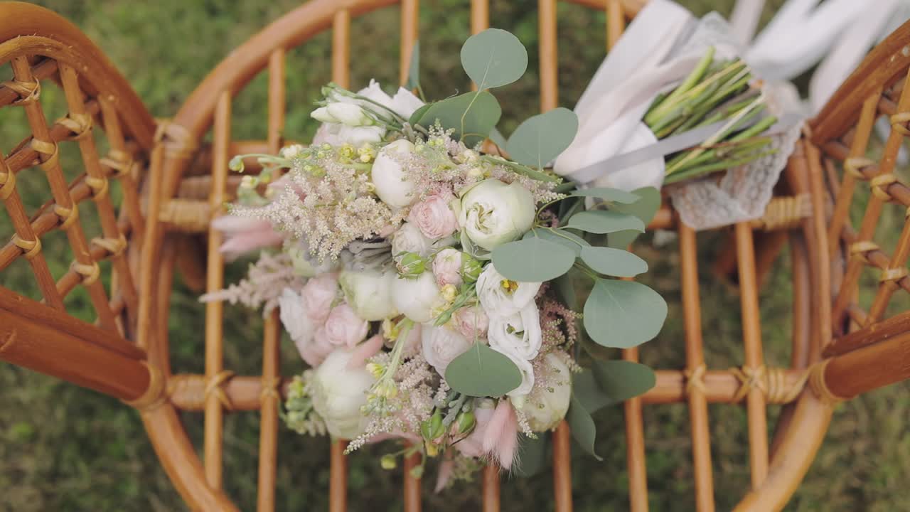 Beautiful wedding bouquet on the chair