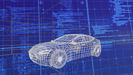 Animation-Einer-3D-Autozeichnung,-Die-über-Datenverarbeitung-Und-Raster-Fährt