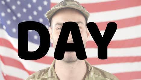 animation of pizza day over happy caucasian male soldier over usa flag