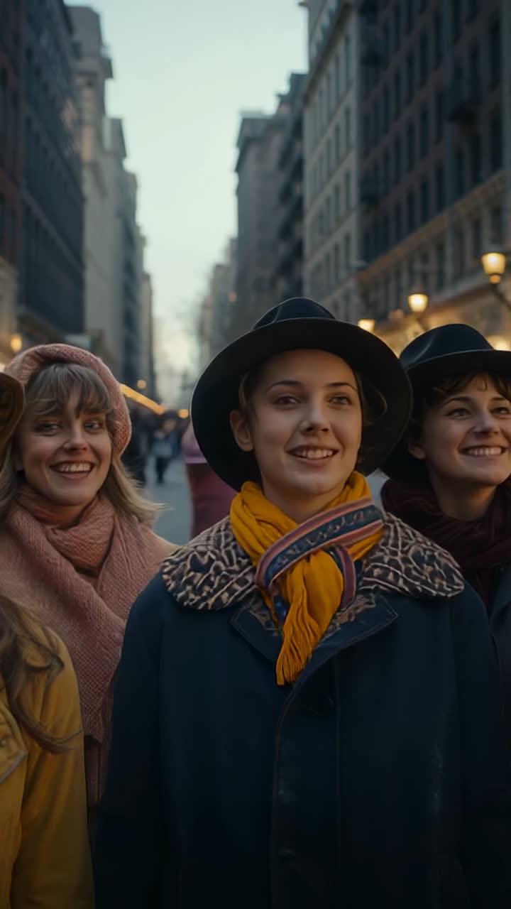 Vertical video: Smiling trio center in hat, gold scarf shifting gaze on avenue as lamps lighting up