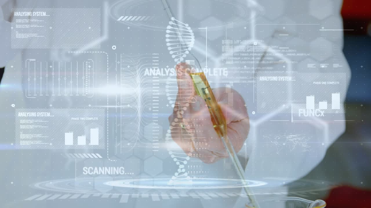 研究室にいる白人科学者を背景に、DNAらせんとデータ処理のアニメーション