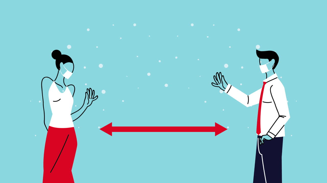 젊은 비즈니스 커플이 코로나19와 사회적 거리를 위해 의료 마스크를 착용하고 있습니다.