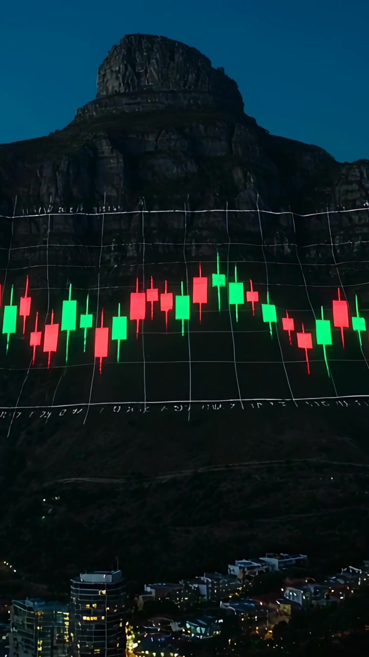 Lodret video: Rullende candlestick-overlay over et bjerg i skumringen, markedsdata driver bevægelsen