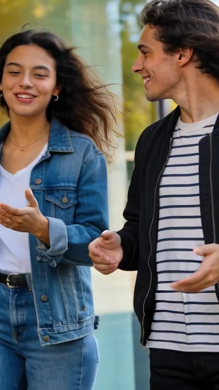 Video vertical: Dúo entrando, caminando, charlando y poniéndose al día en una calle de la ciudad, pasando escaparates, uno con chaqueta vaquera
