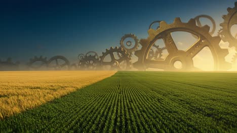 a stunning blend of nature and mechanism: the harmonious integration of fields and giant gears symbolizing progress and innovation