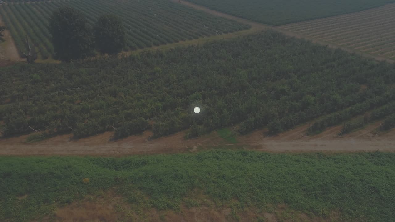 Bright dot appearing center bursting shards merging into panels above greenhouses showing overlay